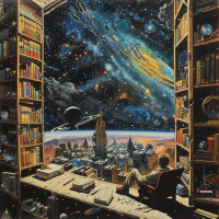 A writer in a cozy room filled with books looks out at a cityscape blending into a starry, fantastical space scene, hinting at stories of near-success and unfulfilled potential.