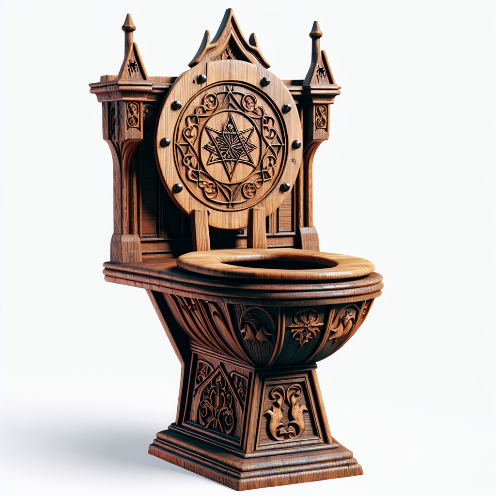 An ornate wooden toilet seat designed in a medieval style reminiscent of Hogwarts, featuring intricate carvings and a circular emblem on the lid.