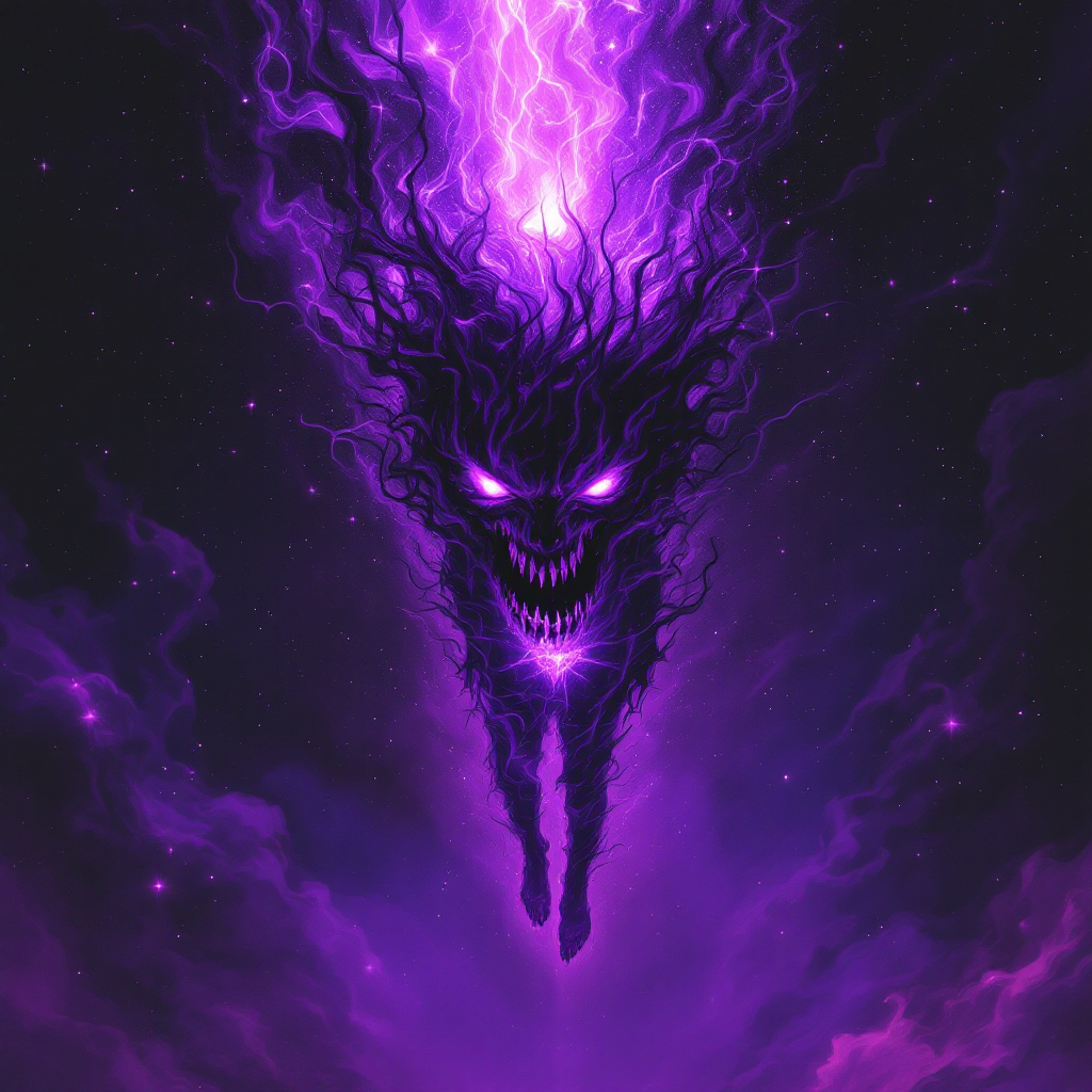 A swirling purple entity with a menacing grin and glowing eyes emerges from dark, stormy clouds, embodying the quote that evil is a part of good.