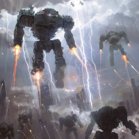 Mechs storm over a city highway, emitting fiery particle lances. The sky glows white with electricity against a dark, stormy backdrop, capturing the chaos and energy of the quote.