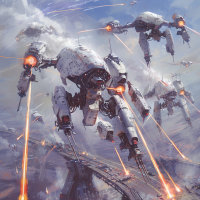 A group of advanced robotic units, the Alamo Avengers, soar over a highway, firing particle lances that create a blinding white maelstrom as they approach a force field under a stormy sky.