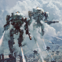 Giant mechs storm over a highway, emitting bright energy blasts. The sky is filled with clouds and the scene is electrified with particle beams and intense energy, matching the book's dramatic description.