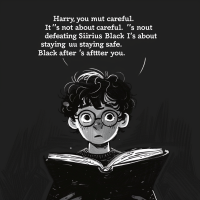 A cartoon boy with round glasses and messy hair looks worried while reading an open book. Above him, text reads: Harry, you must be careful. It’s not about defeating Sirius Black. It's about staying safe. Black’s after you.